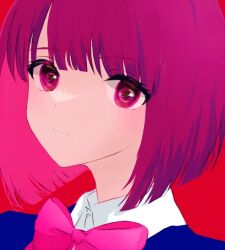 Rule 34 | 1girl, arima kana, blue jacket, blunt bangs, bob cut, bow, bowtie, closed mouth, collared shirt, commentary, inverted bob, jacket, miyano (liuu), oshi no ko, pink bow, pink bowtie, portrait, red background, red eyes, red hair, school uniform, shirt, short hair, simple background, solo, white shirt, youtou high school uniform