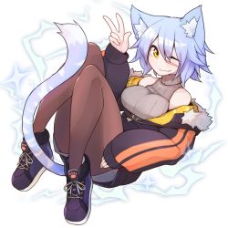 Rule 34 | 1girl, absurdres, animal ear fluff, animal ears, blue hair, breasts, cat ears, cat tail, commentary, commentary request, electricity, facial scar, fang, fur trim, highres, large breasts, looking at viewer, one eye closed, orange eyes, original, ryota tentei, scar, scar on cheek, scar on face, short hair, short shorts, shorts, simple background, solo, sweater, tail, tora tentei