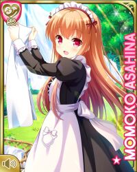 Rule 34 | 1girl, apron, asahina momoko, black dress, bow, brown hair, card (medium), character name, day, dress, girlfriend (kari), hair bow, hair ribbon, laundry, maid apron, maid headdress, official art, one side up, open mouth, outdoors, pink bow, qp:flapper, red bow, red eyes, ribbon, side ponytail, smile, solo, white apron, white bow, white headwear