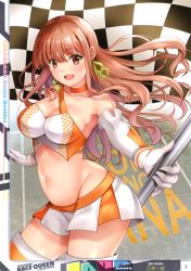 Rule 34 | 1girl, absurdres, artist name, bare shoulders, breasts, brown eyes, brown hair, checkered flag, choker, cleavage, elbow gloves, flag, gloves, highres, holding, ishigami kazui, jewelry, long hair, medium breasts, midriff, navel, open mouth, page number, race queen, scan, simple background, skirt, sleeveless, solo, stomach, thighhighs, toranoana