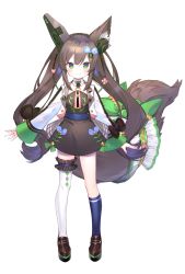 Rule 34 | 1girl, absurdres, animal ears, cable, chigusa hana, chigusa hana channel, commentary request, fox ears, fox tail, frills, full body, green eyes, hair ornament, hairclip, highres, ibara riato, jacket, long hair, looking at viewer, official art, ribbon, simple background, single thighhigh, smile, solo, standing, straight-on, tail, thighhighs, virtual youtuber, white background