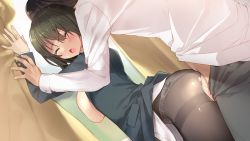 Rule 34 | 1boy, 1girl, ass, black hair, black pantyhose, blush, breast press, breasts, breasts out, closed eyes, clothed sex, clothing aside, from side, game cg, hetero, highres, indoors, large breasts, legs, moaning, no bra, open clothes, open mouth, original, panties, panties aside, panties under pantyhose, pantyhose, school uniform, sex, short hair, sideboob, solo focus, standing, thighband pantyhose, thighs, torn clothes, torn legwear, tsurusaki takahiro, underwear, vaginal, white panties, zutto mae kara joshi deshita