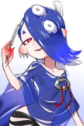 Rule 34 | 1girl, black pants, blue background, blue hair, blue shawl, cephalopod eyes, chest sarashi, commentary request, earrings, eyelashes, folding fan, gradient background, hachimaki, hair over one eye, hand fan, headband, highres, holding, holding fan, looking at viewer, medium hair, navel, nejiri hachimaki, nintendo, octoling, open mouth, pants, red eyes, red pupils, sarashi, shawl, shiver (splatoon), simple background, smile, solo, splatoon (series), splatoon 3, standing, takagi (tkgiii), teeth, tentacle hair, thick eyebrows, tooth earrings, torn clothes, torn pants, two-tone background, upper teeth only, white background