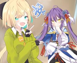 Rule 34 | 2girls, aqua eyes, aqua hair, bell sleeves, black gloves, blonde hair, blue kimono, blush, bow, bowtie, brown background, cardigan, closed mouth, collared shirt, dated, eijirou02, fingerless gloves, flower, gloves, green cardigan, hachisuka kotetsu (tenka hyakken), hair bow, hair flower, hair ornament, hand on own chin, hand on own hip, highres, inaba gou, japanese clothes, kimono, looking at viewer, low ponytail, multicolored hair, multiple girls, open mouth, purple hair, shirt, signature, smug, sparkle, stroking own chin, tassel, tassel hair ornament, tenka hyakken, twintails, two-tone hair, v, v-shaped eyebrows, veil, yellow eyes