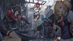 Rule 34 | 3girls, :d, \||/, absurdres, air conditioner, animal ear fluff, animal ears, arknights, bag, black gloves, black hair, black jacket, black shorts, black skirt, black vest, blonde hair, buckle, building, chain, chinese commentary, cigarette, city, cityscape, closed mouth, cloud, cloudy sky, collared shirt, colored inner hair, commentary, detached wings, exusiai (arknights), eyes visible through hair, fang, female focus, fingerless gloves, gloves, gun, hair between eyes, hair over one eye, hand in pocket, head tilt, highres, hikawa (asas5254), holding, holding cigarette, holding gun, holding weapon, hood, hoodie, jacket, long hair, long sleeves, looking at viewer, medium hair, multicolored hair, multiple girls, necktie, off shoulder, official alternate costume, open clothes, open jacket, open mouth, outdoors, pink necktie, ponytail, red eyes, red gloves, red hair, red shirt, satchel, shirt, short hair, short sleeves, shorts, skirt, sky, skyscraper, smile, sora (arknights), submachine gun, teeth, texas (arknights), thigh strap, traffic light, twintails, upper teeth only, ventilation shaft, vest, weapon, white hoodie, white shirt, wings, wolf ears, yellow shirt