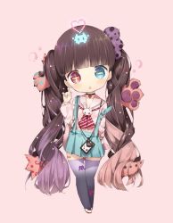 Rule 34 | + -, 1girl, black choker, black thighhighs, blue skirt, brown hair, choker, collarbone, commentary request, diagonal stripes, gradient hair, head tilt, heart, heart choker, heterochromia, light brown hair, long hair, mabuta (byc0yqf4mabye5z), multicolored hair, original, pink background, pink shirt, pleated skirt, purple hair, red neckwear, shirt, shoes, simple background, skirt, solo, standing, strap slip, striped, suspender skirt, suspenders, symbol-shaped pupils, thighhighs, twintails, very long hair, white footwear