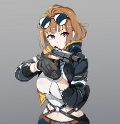 Rule 34 | 1girl, aviator sunglasses, black jacket, blue bow, blue bowtie, bow, bowtie, breasts, brown hair, closed mouth, dickbomber, eyewear on head, girls&#039; frontline, gloves, grey background, grizzly mkv (girls&#039; frontline), gun, handgun, high collar, highres, holding, holding gun, holding weapon, jacket, l.a.r. manufacturing, lar grizzly win mag, large breasts, midriff, pistol, purple eyes, shirt, short hair, shorts, simple background, solo, sunglasses, upper body, weapon, white shirt