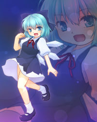 Rule 34 | 1girl, :d, bad id, bad pixiv id, blue dress, blue eyes, blue hair, bow, cirno, dress, full body, hair bow, ice, ice wings, large bow, mary janes, matching hair/eyes, open mouth, shoes, short hair, smile, solo, standing, standing on one leg, touhou, wings, yayoi (pipi), zoom layer