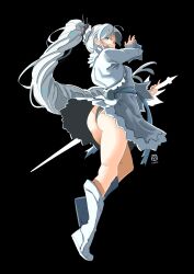 Rule 34 | 1girl, arm up, artist logo, ass, ass focus, automatic giraffe, black background, blue eyes, boots, breasts, commentary, dress, english commentary, floating hair, from behind, full body, grey dress, grey panties, hair ornament, high side ponytail, highres, holding, holding sword, holding weapon, knee up, long hair, looking back, myrtenaster, panties, ponytail, rwby, sash, shirt, simple background, small breasts, solo, sword, thighs, underwear, very long hair, weapon, weiss schnee, white dress, white footwear, white hair, white shirt