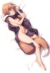 Rule 34 | 1girl, absurdres, animal ears, barefoot, bed sheet, between legs, blush, breasts, brown hair, cleavage, embarrassed, feet, full body, groin, highres, holo, hood, jewelry, koume keito, long hair, looking at viewer, lying, naked hood, navel, necklace, nose blush, official art, on back, on side, pouch, red eyes, scan, simple background, small breasts, solo, spice and wolf, tail, tail between legs, toes, white background, wolf ears, wolf tail