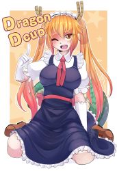 Rule 34 | 10s, 1girl, ;d, breasts, dragon girl, dragon horns, dragon tail, english text, fangs, full body, gloves, gradient hair, highres, horns, index finger raised, iwbitu, kobayashi-san chi no maidragon, large breasts, large tail, long hair, looking at viewer, maid, maid headdress, multicolored hair, one eye closed, open mouth, orange eyes, orange hair, pink hair, puffy short sleeves, puffy sleeves, sash, shoes, short sleeves, sitting, slit pupils, smile, solo, star (symbol), starry background, tail, teeth, tohru (maidragon), twintails, two-tone hair, very long hair, wariza, white gloves