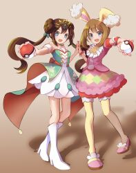 Rule 34 | 2girls, :d, absurdres, animal ears, bare shoulders, blue eyes, brown hair, creatures (company), double bun, dress, fake animal ears, full body, game freak, hair bun, hand on another&#039;s hand, highres, holding, holding poke ball, looking at viewer, may (pokemon), may (spring 2021) (pokemon), multiple girls, nintendo, open mouth, palms together, pantyhose, pink dress, pink footwear, poke ball, poke ball (basic), pokemon, pokemon masters ex, puffy short sleeves, puffy sleeves, rabbit ears, rosa (champion) (pokemon), rosa (pokemon), short sleeves, smile, tiara, twintails, white dress, white footwear, yellow pantyhose, yurika (poire087)