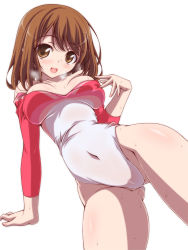 Rule 34 | 1girl, arm support, breasts, breath, brown eyes, brown hair, cameltoe, commentary request, covered navel, girlfriend (kari), gluteal fold, groin, hand on own chest, kikuchi tsutomu, leotard, long sleeves, looking at viewer, lying, medium breasts, off shoulder, on side, open mouth, shiina kokomi, short hair, simple background, smile, solo, sweat, thighs, white background, white leotard