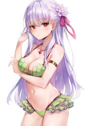 Rule 34 | 1girl, absurdres, arm under breasts, armlet, bare shoulders, bikini, blush, breasts, cleavage, closed mouth, collarbone, cowboy shot, fate/grand order, fate (series), flower, frilled bikini, frills, green bikini, hair flower, hair ornament, hair ribbon, hand in own hair, hand up, highres, hosh, jewelry, kama (fate), kama (swimsuit avenger) (fate), kama (swimsuit avenger) (second ascension) (fate), looking at viewer, medium breasts, navel, necklace, pink flower, pink ribbon, purple hair, red eyes, ribbon, solo, stomach, swimsuit
