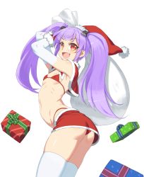Rule 34 | 1girl, :d, ass, bikini, blush, bow, capelet, christmas, fang, female focus, flat chest, gift, gloves, hat, highres, holding, kantai collection, long hair, looking at viewer, looking to the side, open mouth, red bikini, red skirt, ribbon, ryuujou (kancolle), sack, santa hat, skirt, smile, solo, swimsuit, takoyaki neko-san, thighhighs, transparent background, twintails