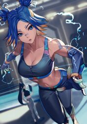 Rule 34 | 1girl, absurdres, animification, armpit crease, bare shoulders, black pants, blonde hair, blue eyes, blue hair, breasts, cleavage, collarbone, crop top, dark-skinned female, dark skin, elbow gloves, electricity, gloves, highres, kagematsuri, large breasts, looking at viewer, medium breasts, multicolored hair, navel, neon (valorant), pants, parted bangs, parted lips, partially fingerless gloves, short hair, shoulder tattoo, solo focus, sports bra, streaked hair, tattoo, tight clothes, tight pants, two side up, valorant