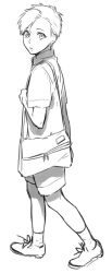 Rule 34 | 1boy, alphonse elric, androgynous, backpack, bag, expressionless, fullmetal alchemist, greyscale, looking at viewer, looking back, male focus, monochrome, noako, open mouth, shawl, shirt, shoes, short hair, shorts, shoulder bag, socks, solo, solo focus, walking