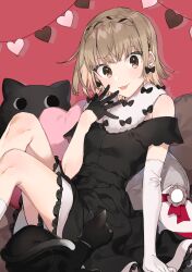 Rule 34 | 1girl, :3, black dress, black gloves, bow, bowtie, brown hair, cat, closed mouth, comiket 97, dress, elbow gloves, gloves, heart, highres, knees up, looking at viewer, medium hair, original, shirako miso, sitting, solo, stuffed animal, stuffed toy, tongue, tongue out, white gloves
