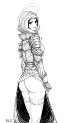 Rule 34 | 1girl, absurdres, armor, artist name, ass, black eyes, copyright request, feet out of frame, greyscale, highres, hood, hood up, looking at viewer, ltstry, monochrome, simple background, solo, thighhighs, thorns, white background