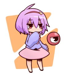Rule 34 | 1girl, chibi, covering face, covering own mouth, covering privates, eyeball, eyebrows, female focus, floating, hairband, hand to own mouth, heart, jitome, komeiji satori, purple hair, red eyes, shirt, short hair, simple background, skirt, solo, standing, taiga mahoukan, third eye, touhou, white background