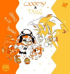 Rule 34 | 1boy, 1girl, animal ears, bike shorts, blue eyes, clenched hands, crossover, fox ears, full body, furry, furry male, headphones, inkling girl, inkling player character, leaf, looking at another, mixed-language text, nintendo, one eye closed, sharp teeth, sonic (series), spiral cris, splatoon (series), tails (sonic), teeth, tentacle hair, thumbs up