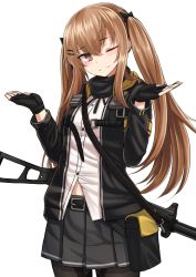 Rule 34 | 1girl, armband, black bow, black gloves, black jacket, black skirt, blush, bow, brown eyes, brown hair, closed mouth, collared shirt, commentary request, dress shirt, fingerless gloves, girls&#039; frontline, gloves, gun, h&amp;k ump, h&amp;k ump, hair between eyes, hair bow, hair ornament, hairclip, hands up, head tilt, highres, jacket, light smile, long hair, name connection, object namesake, one eye closed, open clothes, open jacket, pleated skirt, shirt, simple background, skirt, solo, twintails, ump9 (girls&#039; frontline), very long hair, weapon, white background, white shirt, yakob labo