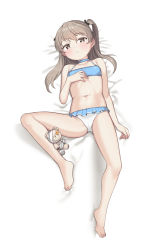 Rule 34 | 1girl, bare arms, bare legs, bare shoulders, barefoot, bikini, boko (girls und panzer), breasts, brown eyes, collarbone, full body, girls und panzer, hand on own chest, highres, light brown hair, long hair, looking at viewer, lying, navel, on back, parted lips, saiste, shimada arisu, small breasts, solo, stomach, stuffed animal, stuffed toy, swimsuit, teddy bear, twintails