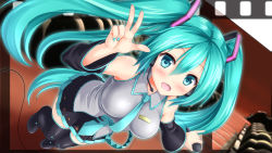 Rule 34 | 1girl, aqua eyes, aqua hair, black footwear, black thighhighs, blush, boots, detached sleeves, from above, full body, hatsune miku, headset, highres, kyamu (qqea92z9n), long hair, looking at viewer, microphone, nail polish, necktie, open mouth, pinky out, skirt, solo, thigh boots, thighhighs, twintails, v, very long hair, vocaloid, zettai ryouiki