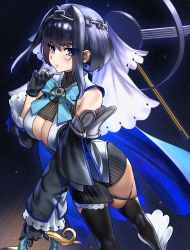 Rule 34 | 1girl, black gloves, black hair, black skirt, black thighhighs, blue bow, blue bowtie, blue eyes, blush, bow, bowtie, breasts, cleavage, cleavage cutout, clothing cutout, commentary, detached sleeves, gloves, hair intakes, highres, hololive, hololive english, joshirah, large breasts, ouro kronii, ouro kronii (1st costume), skirt, solo, thighhighs, underboob cutout, virtual youtuber