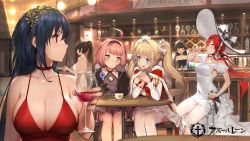 Rule 34 | 6+girls, ahoge, alcohol, amazon (azur lane), animal ears, atago (azur lane), azur lane, bare legs, bare shoulders, black dress, black gloves, black hair, blonde hair, blue eyes, blush, bonet, bow, breasts, bridal gauntlets, choker, cleavage, closed eyes, closed mouth, cocktail dress, cup, dress, drinking, drinking glass, earrings, fang, gloves, gorgeous mushroom, hair between eyes, hair flaps, hair ornament, hair ribbon, halterneck, hat, hat bow, headband, jewelry, large breasts, long hair, looking at viewer, low ponytail, maid headdress, monarch (azur lane), multiple girls, official art, open mouth, pink hair, ponytail, red choker, red dress, red eyes, red hair, ribbon, sidelocks, sitting, smile, star (symbol), star earrings, sun hat, taihou (azur lane), taihou (forbidden feast) (azur lane), takao (azur lane), thighhighs, thighlet, twintails, u-81 (azur lane), white bow, white dress, white legwear, wine, wine glass, yellow eyes