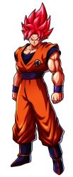 Rule 34 | 1boy, bandai namco, biceps, boots, dougi, dragon ball, dragon ball fighterz, full body, highres, looking at viewer, male focus, muscular, official art, recolor, recolored, red eyes, red hair, serious, solo, son goku, spiked hair, super saiyan, super saiyan blue, transparent background, wristband