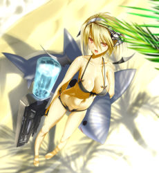 Rule 34 | 1girl, bad id, bad pixiv id, barefoot, beach, bikini, blonde hair, breasts, cleavage, hairband, inflatable shark, inflatable toy, kawanakajima, large breasts, looking at viewer, million chain, open mouth, original, red eyes, short hair, solo, swimsuit, water gun