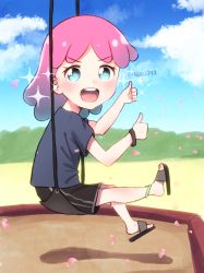 Rule 34 | 1girl, absurdres, blue eyes, child, cloud, cloudy sky, happy, highres, looking at viewer, neku397, open mouth, original, park, pink hair, resolution mismatch, self-upload, shorts, sky, slippers, source smaller, thumbs up