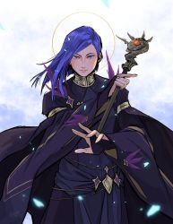 Rule 34 | 1boy, age progression, bridal gauntlets, closed mouth, fire emblem, fire emblem: three houses, heroes relic (fire emblem), highres, holding, holding staff, holding weapon, long hair, looking at viewer, lorenz hellman gloucester, moldy (artist), nintendo, outdoors, purple hair, staff, thrysus (staff), upper body, weapon