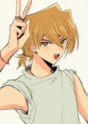 Rule 34 | 1boy, arm up, blonde hair, blush, bracelet, brown eyes, hair between eyes, highres, jewelry, jonouchi katsuya, looking at viewer, low ponytail, male focus, multiple rings, necklace, open mouth, ring, saito0614, shirt, short hair, simple background, sleeves rolled up, solo, teeth, upper body, upper teeth only, v, white background, white shirt, yu-gi-oh!, yu-gi-oh! duel monsters