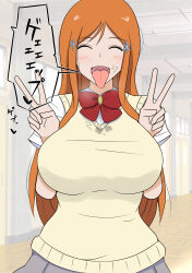 1girl absurdres after_fellatio aftersex artist_request bad_tag bleach breasts closed_eyes cum cum_in_mouth female_pervert hair_ornament hetero highres inoue_orihime large_breasts long_hair miniskirt open_mouth orange_hair pervert school school_uniform sex skirt smile solo submission uniform v