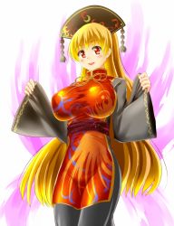 Rule 34 | 1girl, black dress, blonde hair, blush, breasts, chinese clothes, cowboy shot, dress, energy, covered erect nipples, fox tail, hat, highres, hip focus, honda takaharu, junko (touhou), large breasts, long hair, long sleeves, looking at viewer, multiple tails, obi, red eyes, ribbon, sash, simple background, smile, solo, tabard, tail, thighs, touhou, very long hair, white background, wide sleeves