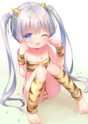 Rule 34 | 1girl, animal print, bandeau, bare shoulders, barefoot, beans, blue eyes, blush, collarbone, commentary request, fang, green ribbon, hair ribbon, hands up, highres, horns, knees together feet apart, knees up, long hair, one eye closed, original, parted lips, ribbon, setsubun, short shorts, shorts, silver hair, sitting, solo, tears, tiger print, toes, twintails, usashiro mani, very long hair, wavy mouth, white background