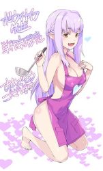 Rule 34 | 1girl, :d, apron, bare legs, barefoot, breasts, brown eyes, cleavage, fang, feet, from side, half updo, hand on own chest, heart, kneeling, ladle, large breasts, long hair, looking at viewer, musashimaru, naked apron, open mouth, pointy ears, purple apron, purple hair, sidelocks, smile, solo, very long hair