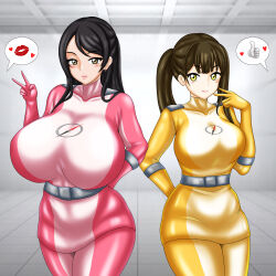 Rule 34 | 2girls, black hair, bodysuit, breasts, brown hair, gogo sentai boukenger, large breasts, mamiya natsuki, medium breasts, multiple girls, nishihori sakura, no headwear, olive eyes, pin up, super sentai, treezero, yellow eyes