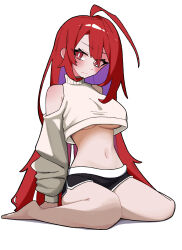1girl absurdres aeulos357 ahoge bare_legs bare_shoulders barefoot black_shorts blush breasts clothing_cutout colored_inner_hair commentary cropped_sweater dolphin_shorts elizabeth_rose_bloodflame english_commentary full_body highres hololive hololive_english large_breasts long_hair long_sleeves midriff multicolored_hair no_bra purple_hair red_eyes red_hair short_shorts shorts shoulder_cutout simple_background sitting solo sweater turtleneck turtleneck_sweater twitter_username underboob very_long_hair virtual_youtuber wariza white_background white_sweater