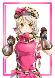 Rule 34 | 1girl, absurdres, beret, border, bow, brown hat, brown scarf, commentary request, dress, fire emblem, fire emblem engage, framme (fire emblem), hat, highres, midori no baku, nintendo, pink border, pink bow, pink dress, scarf, sleeveless, sleeveless dress, smile, solo, upper body, white background, yellow eyes