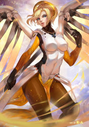Rule 34 | 1girl, aurora rokudo, backlighting, black gloves, blonde hair, blue eyes, blue sky, bodysuit, breasts, brown pantyhose, cloud, contrapposto, cowboy shot, eyelashes, gloves, glowing, glowing wings, halo, high ponytail, highres, lips, long hair, mechanical halo, mechanical wings, medium breasts, mercy (overwatch), nose, outdoors, overwatch, overwatch 1, pantyhose, parted lips, ponytail, sky, solo, standing, wings, yellow wings