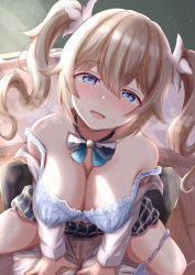 Rule 34 | 1boy, 1girl, :d, absurdres, barbara (genshin impact), bare shoulders, blonde hair, blue bra, blue eyes, blue panties, bow, bowtie, bra, breasts, classroom, cleavage, clothed sex, clothes lift, clothes pull, genshin impact, girl on top, half-closed eyes, heavy breathing, hetero, highres, large breasts, looking at viewer, lying, naughty face, nohhun, off shoulder, on back, open mouth, panties, panties around leg, pov, school uniform, sex, skirt, skirt lift, smile, spread legs, sweat, underwear