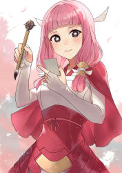 Rule 34 | 1girl, armor, armored dress, blunt bangs, blush, brown eyes, calligraphy brush, capelet, dress, elbow gloves, fingerless gloves, fire emblem, fire emblem fates, gloves, hair tubes, haru (nakajou-28), highres, holding, long hair, low twintails, mitama (fire emblem), nintendo, paintbrush, parted lips, petals, pink hair, red capelet, red dress, smile, solo, star-shaped pupils, star (symbol), symbol-shaped pupils, twintails, white gloves