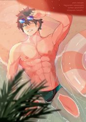 Rule 34 | 1boy, abs, absurdres, arm up, artist name, beach, blue eyes, blurry, blush, brown hair, bulge, commentary request, cowboy shot, depth of field, eyewear lift, eyewear on head, fate/grand order, fate (series), from above, fujimaru ritsuka (male), green male swimwear, grin, hair between eyes, highres, innertube, katophi, looking at viewer, lying, male focus, male swimwear, mixed-language commentary, navel, nipples, on back, on ground, one eye closed, outdoors, palm leaf, partially submerged, pectorals, smile, solo, spiked hair, spread legs, sunglasses, swim briefs, swim ring, toned, toned male, water, watermark, web address, wet, wristband