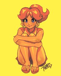 Rule 34 | 1girl, artist name, blue eyes, brown hair, casual, crossed arms, earrings, feet, highres, jewelry, lips, long legs, looking at viewer, mario (series), nail polish, nintendo, on ground, ponytail, princess daisy, robaato, sandals, shorts, simple background, sitting, smile, solo, super mario bros. 1, tan, thick thighs, thighs, toenail polish, toenails, wide hips, yellow background
