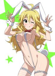 Rule 34 | 1girl, ;q, ahoge, animal ears, blonde hair, bow, bowtie, breasts, cleavage, covered erect nipples, fake animal ears, fake tail, fishnet thighhighs, fishnets, green eyes, highres, hoshii miki, idolmaster, idolmaster (classic), long hair, looking at viewer, navel, one eye closed, rabbit ears, rabbit tail, slingshot swimsuit, solo, swimsuit, tail, thighhighs, tongue, tongue out, wrist cuffs, yumekaranigeruna