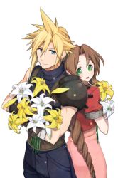 Rule 34 | 1boy, 1girl, aerith gainsborough, armor, back-to-back, bad id, bad pixiv id, belt, blonde hair, blue eyes, blue pants, blue shirt, bouquet, braid, braided ponytail, brown hair, cloud strife, couple, cowboy shot, cropped jacket, dress, earrings, final fantasy, final fantasy vii, flower, green eyes, hair between eyes, hair ribbon, holding, holding bouquet, jacket, jewelry, krudears, long hair, looking at viewer, looking back, open mouth, pants, parted bangs, pink dress, pink ribbon, puffy short sleeves, puffy sleeves, red jacket, ribbon, shirt, short hair, short sleeves, shoulder armor, sidelocks, single earring, sleeveless, sleeveless turtleneck, smile, spiked hair, square enix, suspenders, turtleneck, white background, white flower, yellow flower