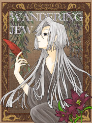 Rule 34 | 1boy, absurdres, border, character name, empty eyes, english text, expressionless, feet out of frame, flower, grey hair, highres, holding, holding pen, joseph cartaphilus, kopiki (dwcsh226), long hair, looking ahead, mahou tsukai no yome, male focus, ornate border, parted lips, pen, plant, purple flower, quill, sitting, skinny, solo, swept bangs